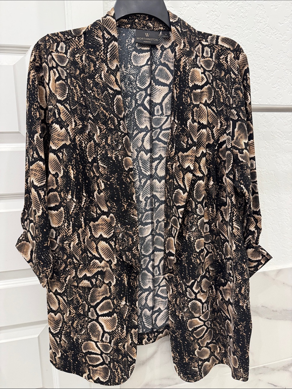 Snake skin is trending! Worthington Snake-Print Open Front Blazer